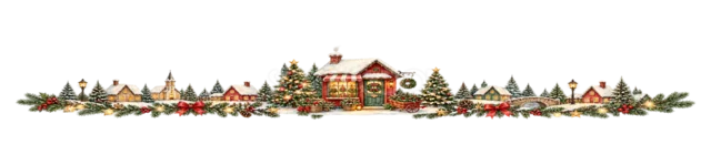 中央の大きな家と村を描いた水彩絵本タッチのクリスマス村ライン・区切り線