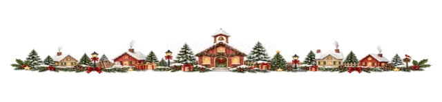 学校のような建物と雪の村を描いた水彩絵本タッチのクリスマス村ライン・区切り線