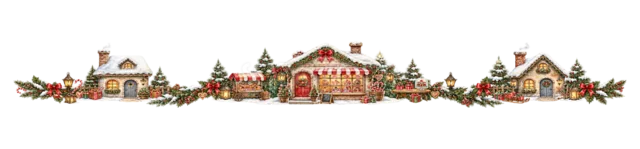 赤い屋根の駅と家並みを描いた水彩絵本タッチのクリスマス村ライン・区切り線