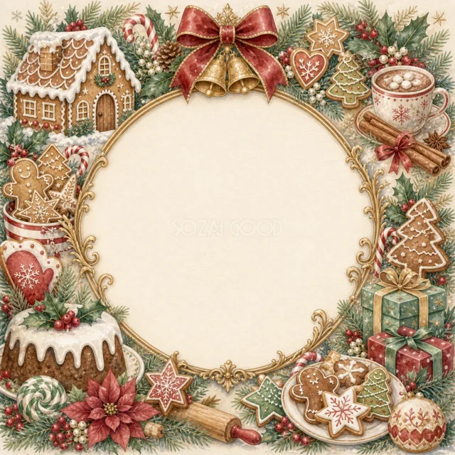 ジンジャーブレッドとケーキの白い丸枠を描いた水彩絵本タッチのプレミアムクリスマスフレーム