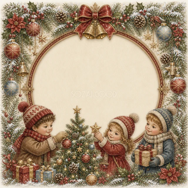 ツリーを囲む子どもの白い丸枠を描いた水彩絵本タッチのプレミアムクリスマスフレーム