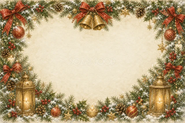 もみの枝とランタンを描いた水彩絵本タッチの横長クリスマスフレーム