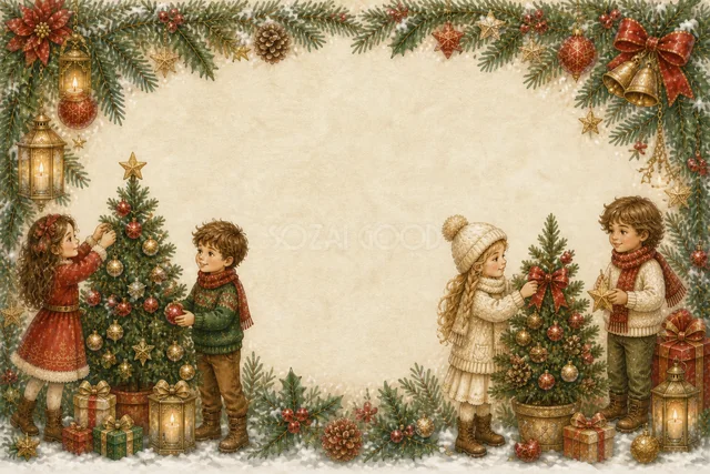 ツリーを飾る子どもたちを描いた水彩絵本タッチの横長クリスマスフレーム