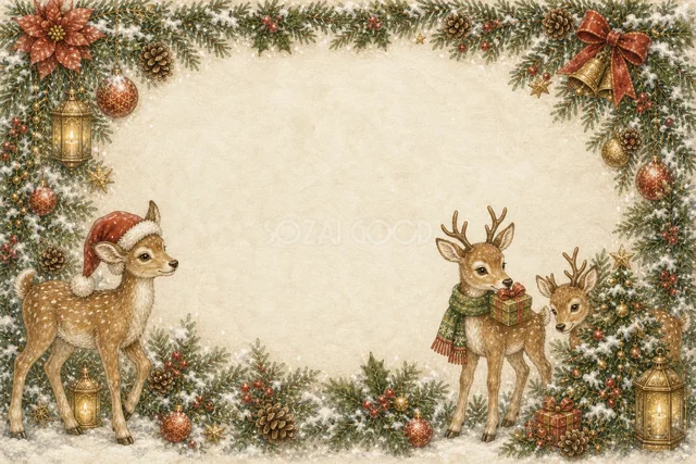 子鹿と鹿の家族を描いた水彩絵本タッチの横長クリスマスフレーム