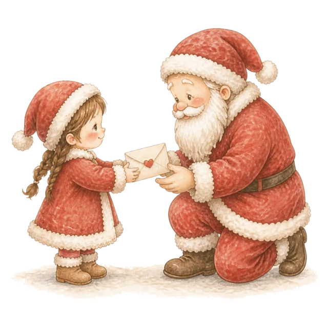 サンタへ手紙を渡す女の子を描いた水彩絵本タッチのサンタと子どものクリスマスイラスト