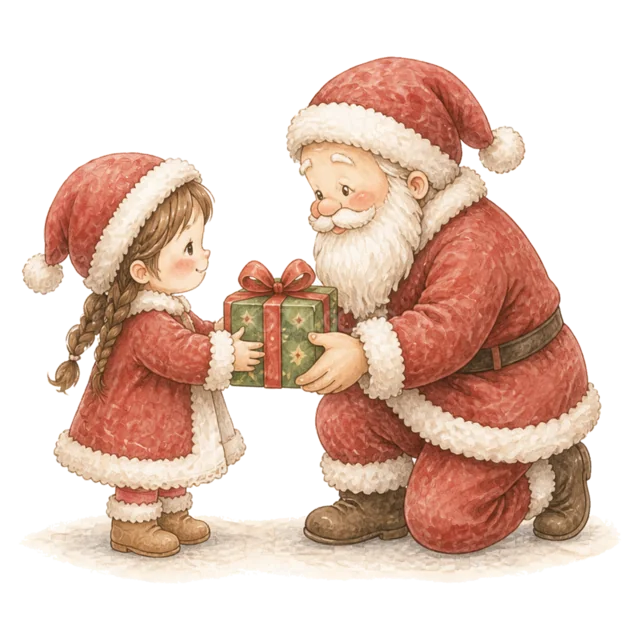 サンタからプレゼントを受け取る女の子を描いた水彩絵本タッチのサンタと子どものクリスマスイラスト