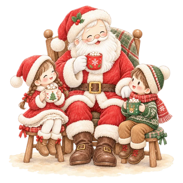 椅子に座るサンタを囲む子どもを描いた水彩絵本タッチのサンタと子どものクリスマスイラスト