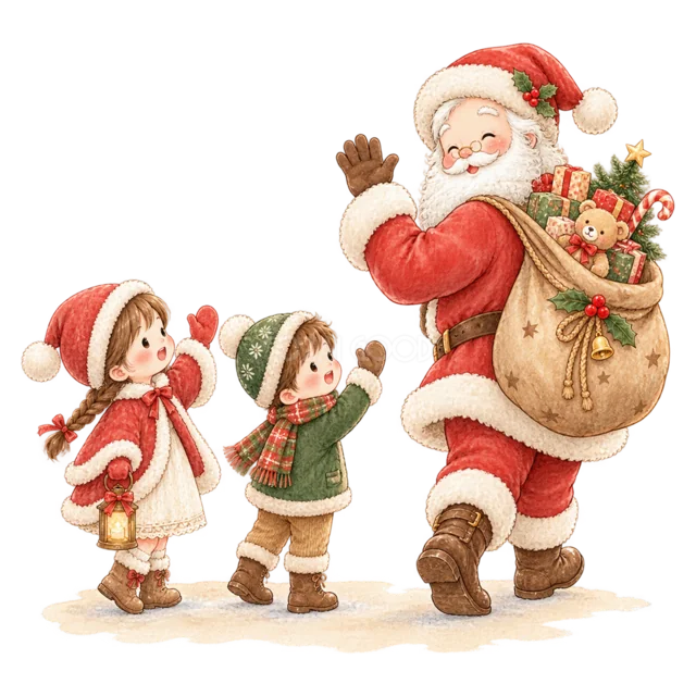 出発するサンタを見送る子どもを描いた水彩絵本タッチのサンタと子どものクリスマスイラスト