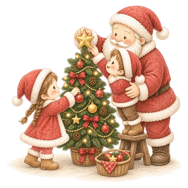 サンタとツリーを飾る子どもを描いた水彩絵本タッチのサンタと子どものクリスマスイラスト