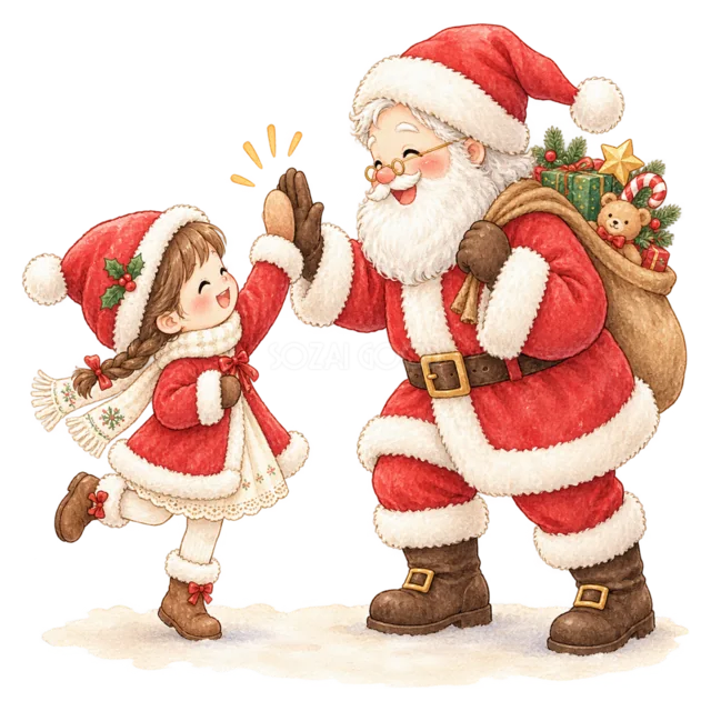 サンタとハイタッチする子どもを描いた水彩絵本タッチのサンタと子どものクリスマスイラスト