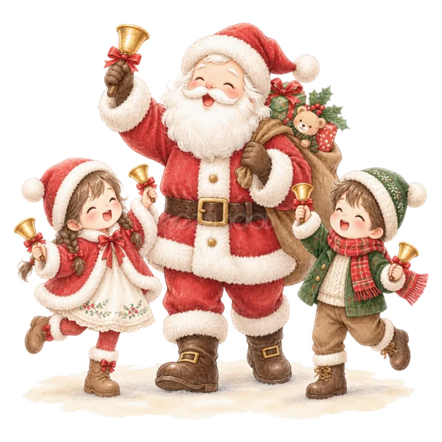 ベルを鳴らして踊るサンタと子どもを描いた水彩絵本タッチのサンタと子どものクリスマスイラスト