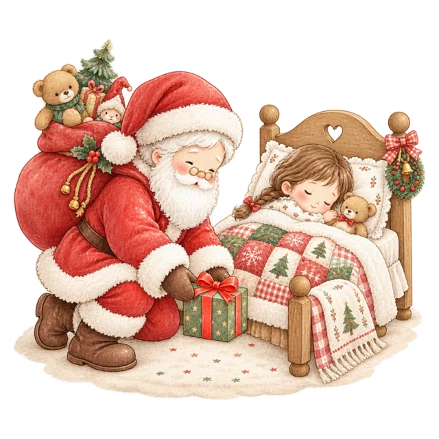 眠る子どもへ贈り物を届けるサンタを描いた水彩絵本タッチのサンタと子どものクリスマスイラスト