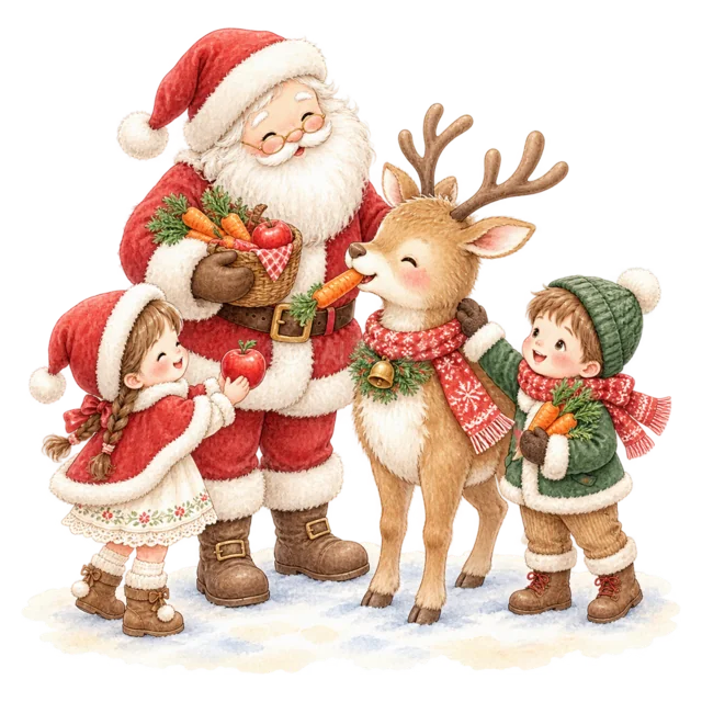 サンタとトナカイを囲む子どもを描いた水彩絵本タッチのサンタと子どものクリスマスイラスト