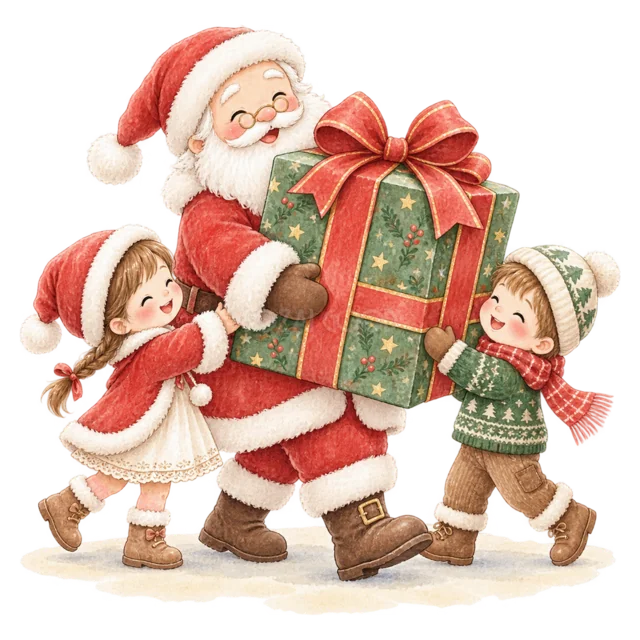 大きなプレゼントを運ぶサンタと子どもを描いた水彩絵本タッチのサンタと子どものクリスマスイラスト