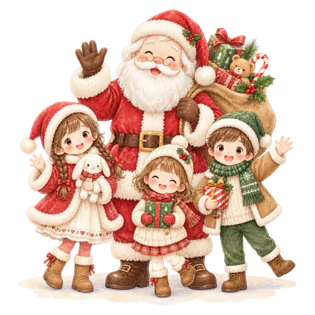 手を振るサンタと子どもたちを描いた水彩絵本タッチのサンタと子どものクリスマスイラスト