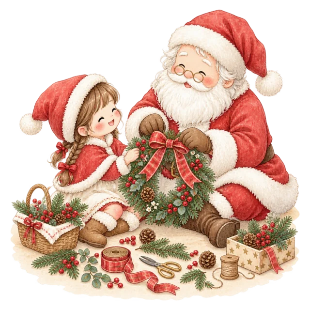 サンタとリースを作る女の子を描いた水彩絵本タッチのサンタと子どものクリスマスイラスト