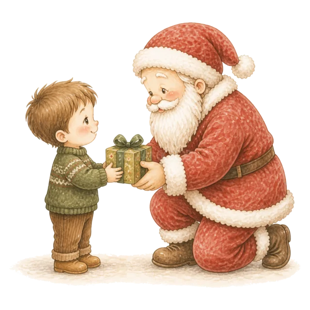 サンタからプレゼントを受け取る男の子を描いた水彩絵本タッチのサンタと子どものクリスマスイラスト