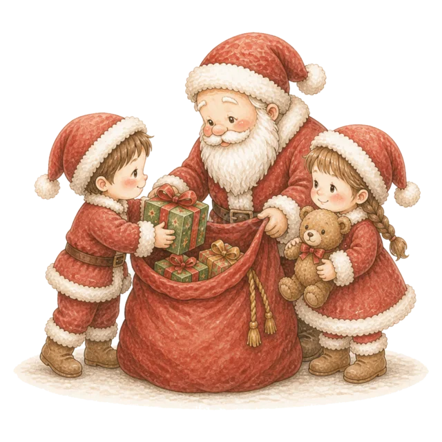 サンタの袋から贈り物を選ぶ子どもを描いた水彩絵本タッチのサンタと子どものクリスマスイラスト