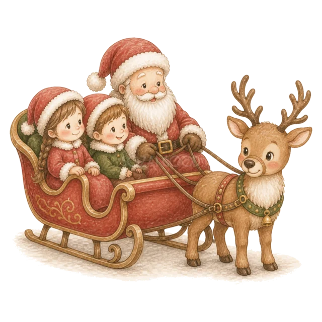 サンタのそりに乗る子どもを描いた水彩絵本タッチのサンタと子どものクリスマスイラスト