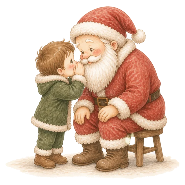 サンタに抱きつく子どもを描いた水彩絵本タッチのサンタと子どものクリスマスイラスト