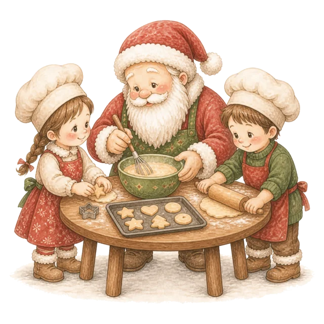 サンタとクッキーを作る子どもを描いた水彩絵本タッチのサンタと子どものクリスマスイラスト