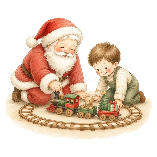 サンタとおもちゃの汽車で遊ぶ子どもを描いた水彩絵本タッチのサンタと子どものクリスマスイラスト