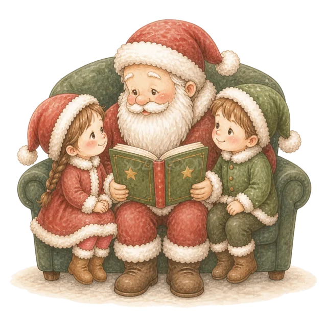 サンタと絵本を読む子どもを描いた水彩絵本タッチのサンタと子どものクリスマスイラスト
