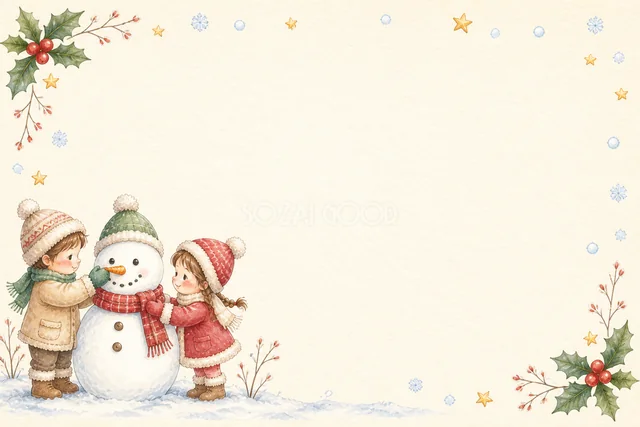 雪だるまと子どもたちの水彩絵本タッチクリスマスカード