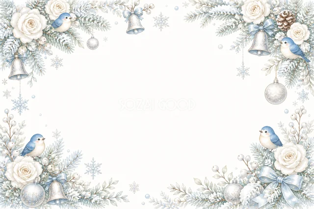 白いバラと青いベルの水彩絵本タッチクリスマスカード