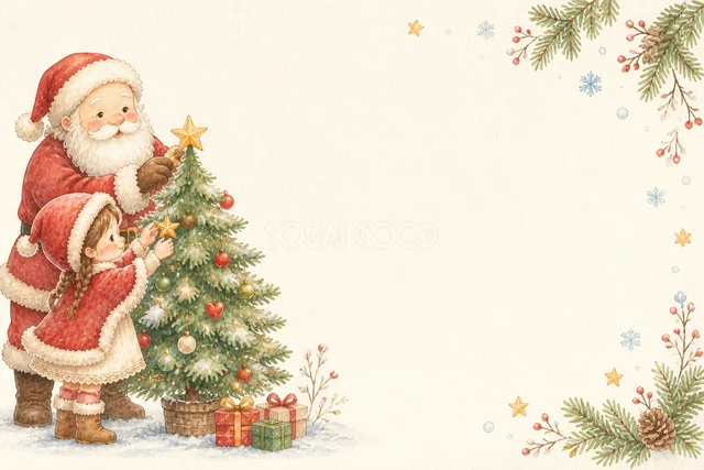 クリスマスツリーを飾るサンタの水彩絵本タッチカード