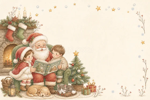 暖炉の前で絵本を読むサンタと子どもの水彩クリスマスカード