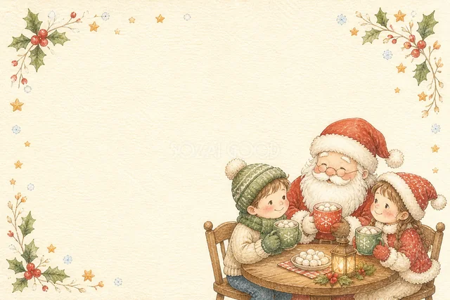 サンタと子どもたちのティータイムを描いた水彩クリスマスカード