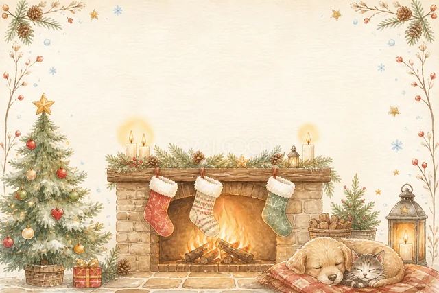 暖炉とツリーと眠る猫の水彩絵本タッチクリスマスカード