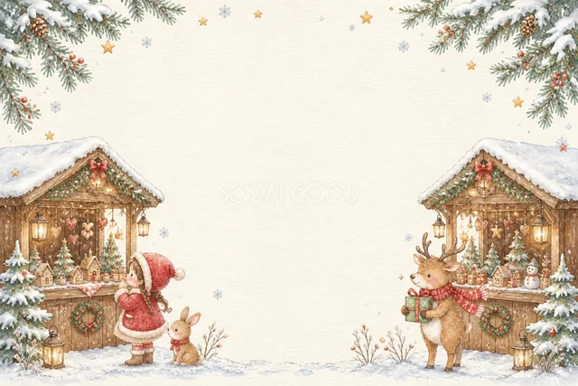 クリスマスマーケットの少女とトナカイの水彩絵本タッチカード