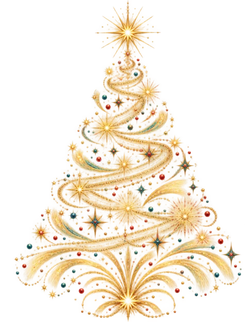 金色の渦巻きと小さな星を描いたおしゃれな線画クリスマスツリーイラスト