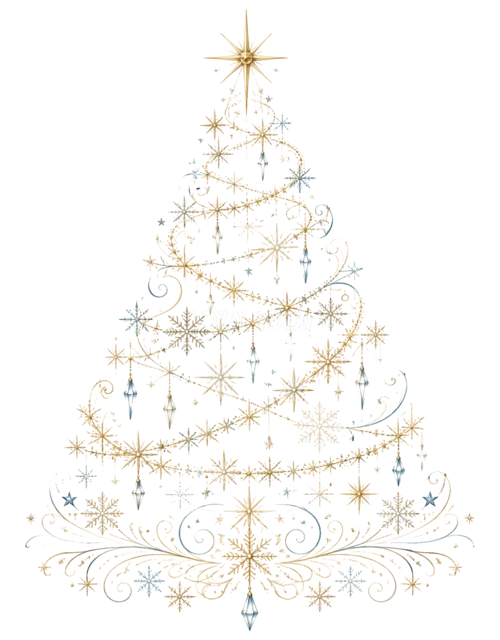金色の星とガーランドを描いたおしゃれな線画クリスマスツリーイラスト