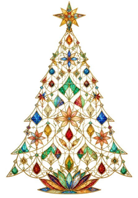 ステンドグラス風の宝石を描いたおしゃれな線画クリスマスツリーイラスト
