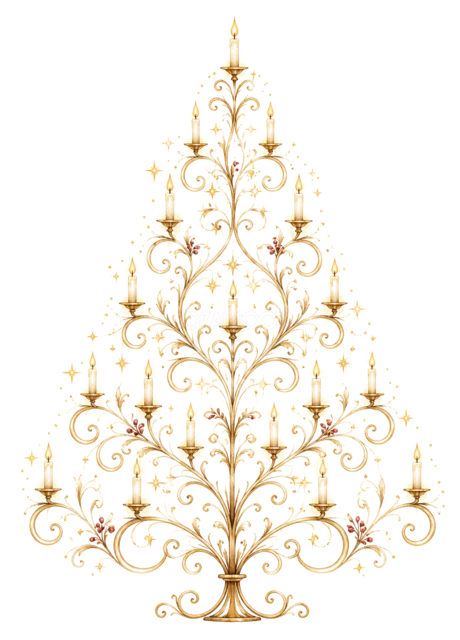 金色の繊細な唐草模様を描いたおしゃれな線画クリスマスツリーイラスト