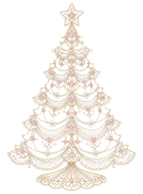真珠と白いレースを描いたおしゃれな線画クリスマスツリーイラスト