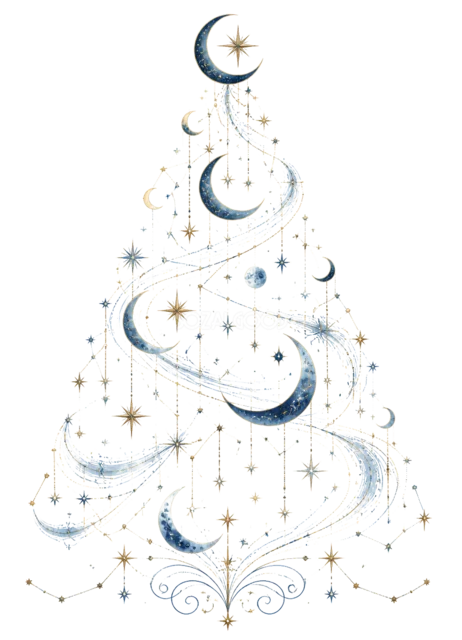 青い三日月と星を描いたおしゃれな線画クリスマスツリーイラスト