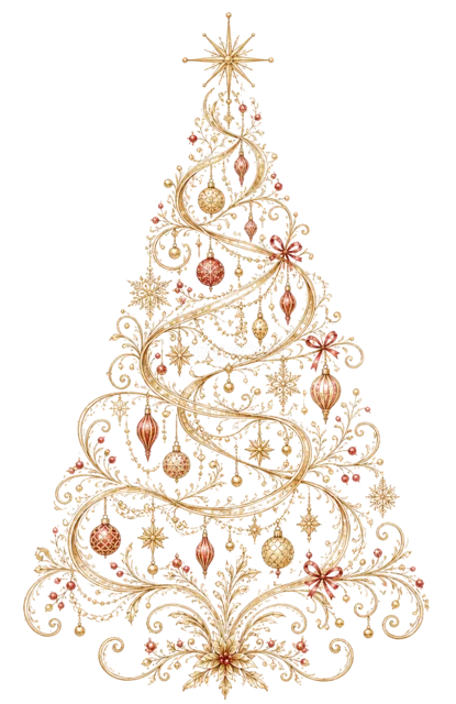 金色の渦巻きオーナメントを描いたおしゃれな線画クリスマスツリーイラスト