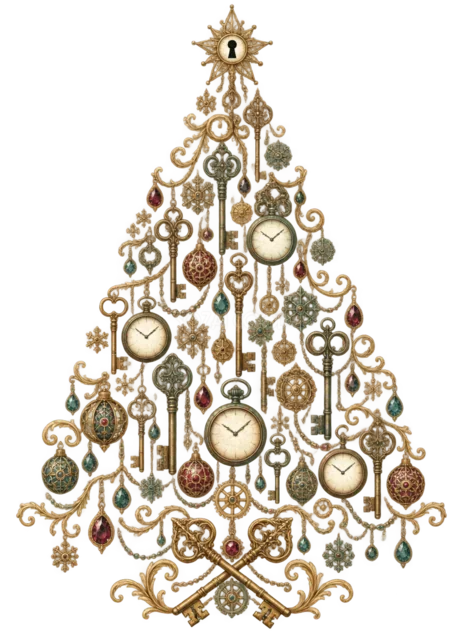深緑と金のクラシック飾りを描いたおしゃれな線画クリスマスツリーイラスト