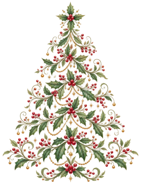 ヒイラギと赤い実を描いたおしゃれな線画クリスマスツリーイラスト