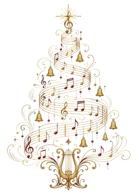 音符と楽器を描いたおしゃれな線画クリスマスツリーイラスト