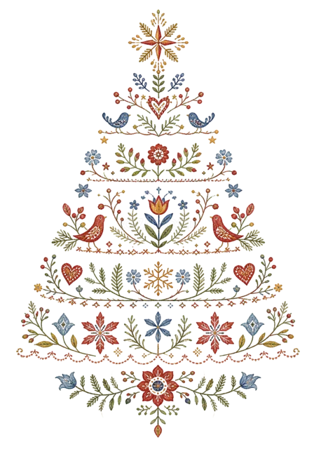 北欧風の花と鳥を描いたおしゃれな線画クリスマスツリーイラスト