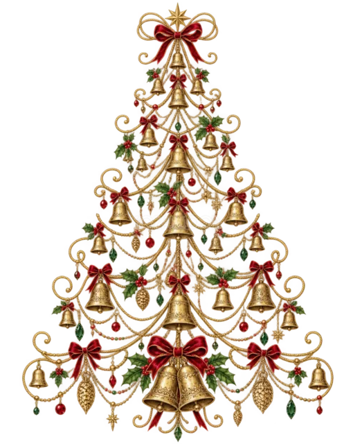 ベルと赤いリボンを描いたおしゃれな線画クリスマスツリーイラスト