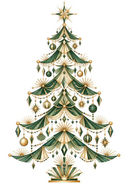 緑のリボンとオーナメントを描いたおしゃれな線画クリスマスツリーイラスト
