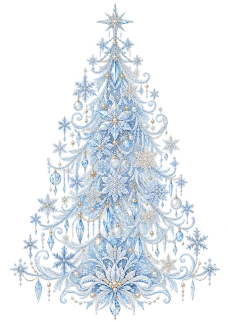 青い雪の結晶を描いたおしゃれな線画クリスマスツリーイラスト