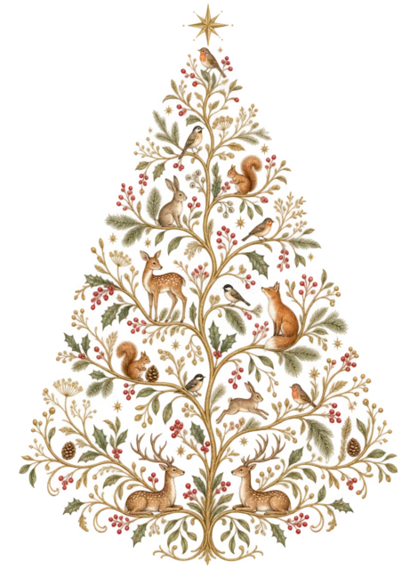 茶色の葉と小鳥を描いたおしゃれな線画クリスマスツリーイラスト