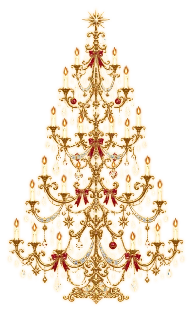 赤と金のシャンデリア風ツリーを描いた夜空に輝く幻想的なクリスマスツリーイラスト